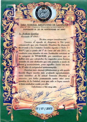 Distinción de socio vitalicio del Tiro Federal