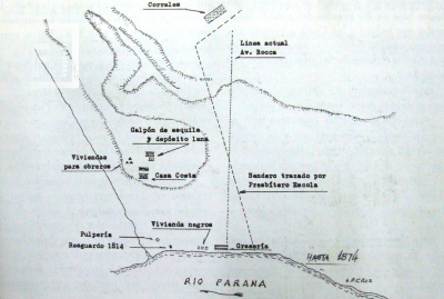 Mapa utlizado desde 1814 a 1874 donde se ubica la disposición de las tierras cercanas a la Casa de la familia Costa. 