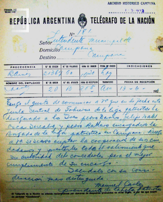 Telegrama para el intendente Municipal Dr. Luis De Dominicis dirigido por el presidente de la Liga Patriótica Manuel Carles. 