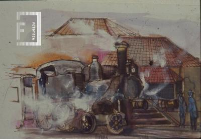 Pintura de locomotora saliendo de la Estación de Tren